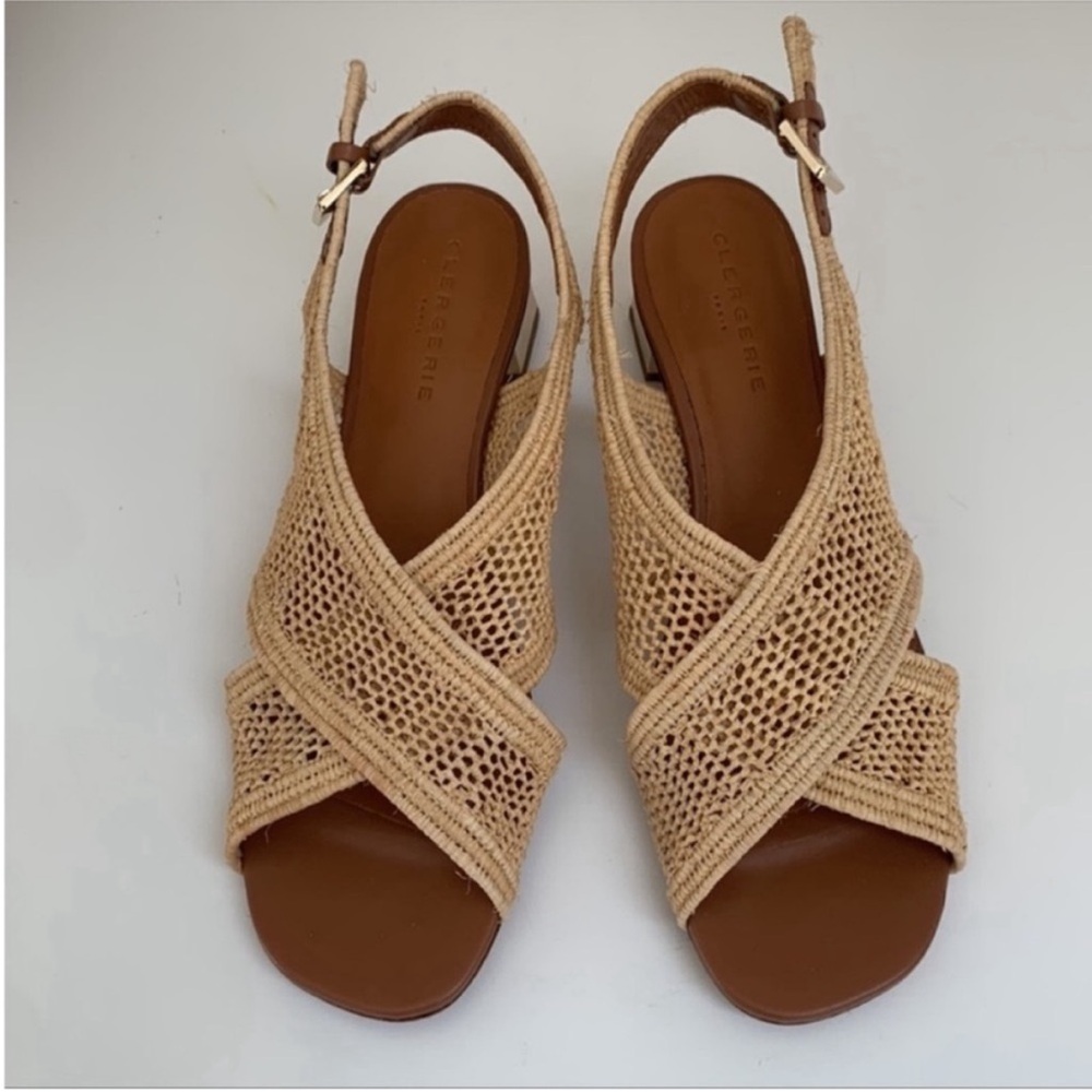 Robert Clergerie Natural Raffia Criss Cross Strap Block Heel Sandals 10 1/2